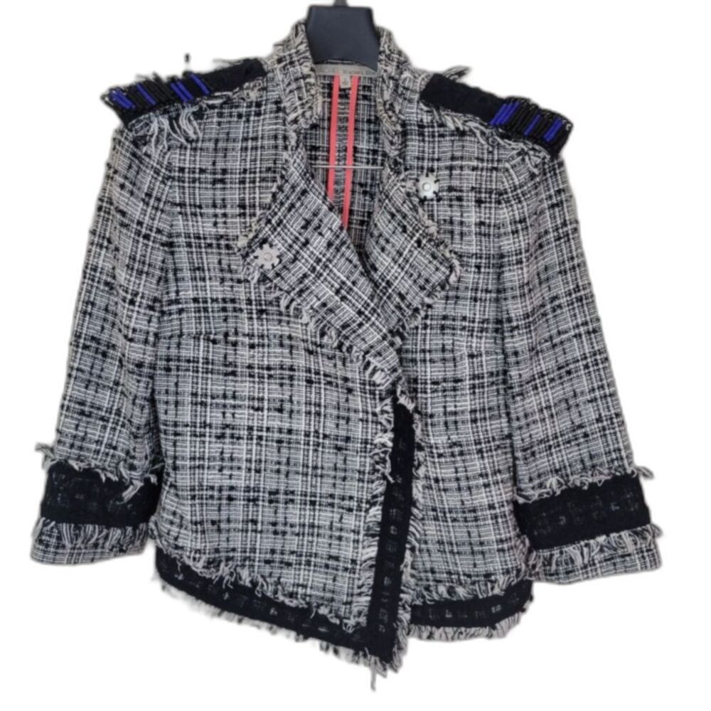 RACHEL ROY Black White Safety Pin Beaded Fringe Tweed Blazer Jacket